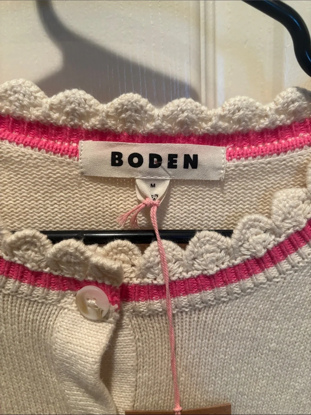 Boden NWT Ivory Crochet Frill Detail Cardigan Pink Ruffle Trim Sweater size M